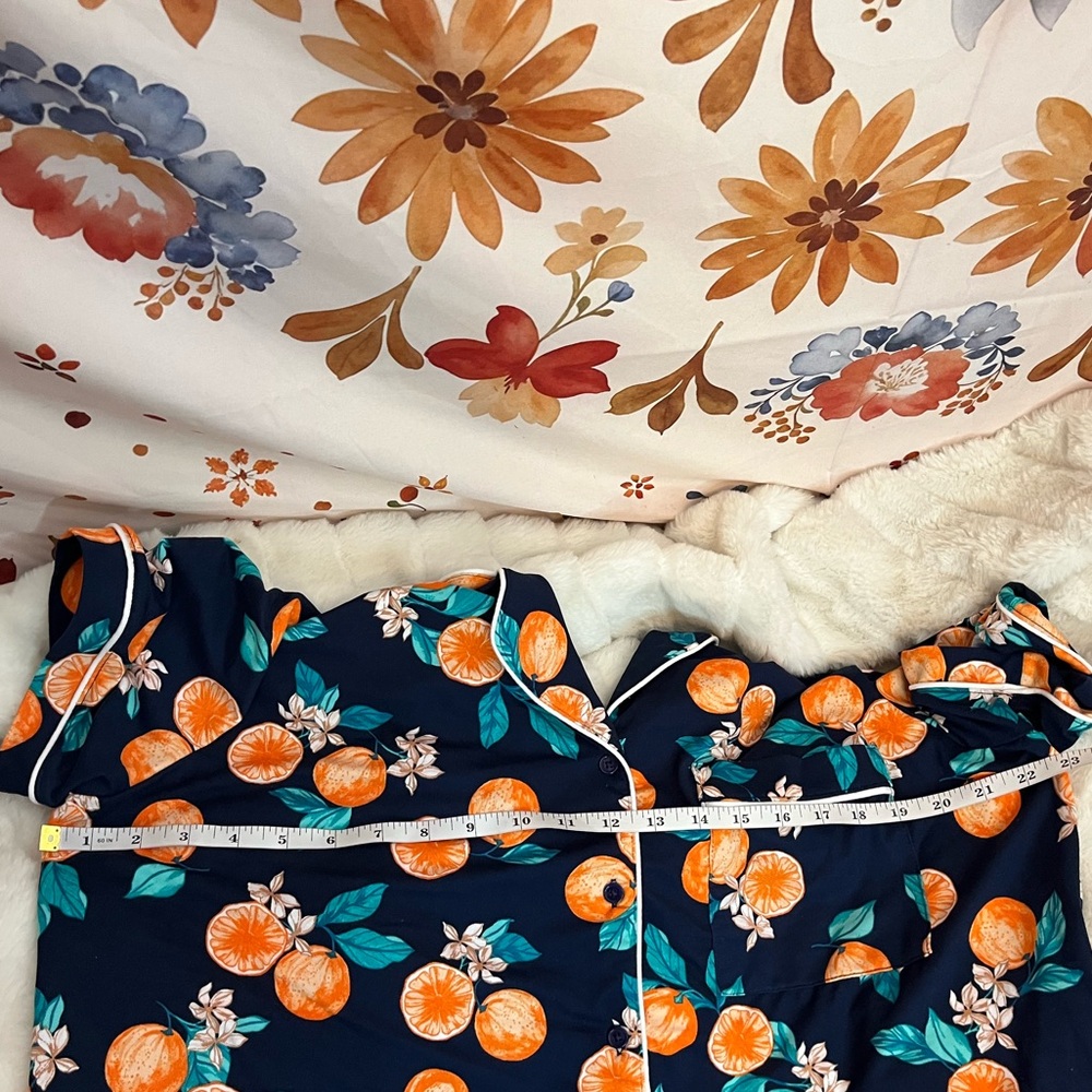 Super Soft XL Blue Orange Fruit Print Button Down PJ Lounge Sleep Shirt Spring - Picture 4 of 8